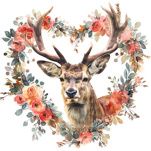 10 florale Hirsch Clipart, Hirsch mit Kranz, druckbare Aquarell Clipart, hochwertige JPGs, digitaler Download, Papierhandwerk, Sublimation