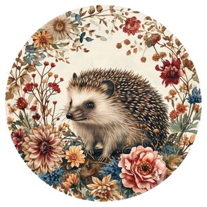 May include: A watercolor painting of a hedgehog surrounded by colorful flowers. The hedgehog is brown and white with a spiky back. The flowers are in shades of pink, red, yellow, and blue.
