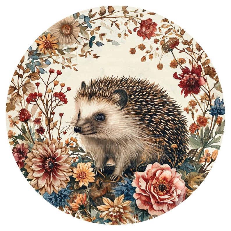 May include: A watercolor painting of a hedgehog surrounded by colorful flowers. The hedgehog is brown and white with a spiky back. The flowers are in shades of pink, red, yellow, and blue.