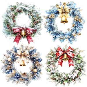 15 Christmas Wreath Clipart, Christmas Bell, Digital Clipart, Watercolor clipart, High Quality PNG/JPGs, Printable clipart, Digital download