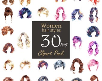 May include: A set of 30 watercolor illustrations of different women's hairstyles. The hairstyles are in various colors, including pink, blue, purple, and red. The illustrations are in a cartoon style and are perfect for use in digital scrapbooking, card making, and other creative projects.