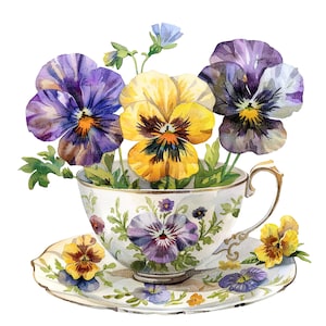 10 viooltjes in theekop Clipart, bloemen theekop, afdrukbare aquarel clipart, hoge kwaliteit JPG, digitale download, Paper Craft, junk journal