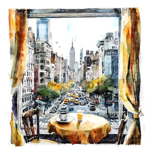 14 Clipart con vista sulla città dalla finestra, finestra con paesaggio urbano, clipart acquerello stampabile, JPG di alta qualità, download digitale, carta artigianale