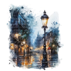 12 Regnerische Straße Clipart, Straßenlaterne Clipart, druckbare Aquarell Clipart, hochwertige PNG, digitaler Download, Papiermodell, Junk Journal