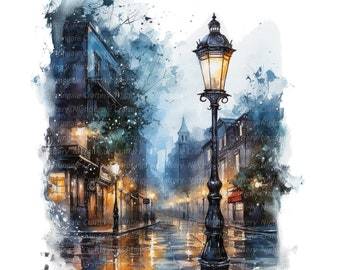 12 Regnerische Straße Clipart, Straßenlaterne Clipart, druckbare Aquarell Clipart, hochwertige PNG, digitaler Download, Papiermodell, Junk Journal