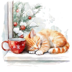 12 Clipart chat endormi, chat sur le rebord de la fenêtre, clipart aquarelle imprimable, PNG de haute qualité, téléchargement numérique, créations en papier, journaux indésirables