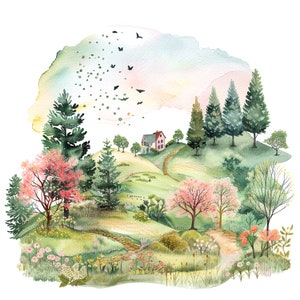 14 imágenes prediseñadas de paisajes primaverales, imágenes prediseñadas de primavera, imágenes prediseñadas de acuarela imprimibles, PNG de alta calidad, descarga digital, manualidades de papel, revistas basura