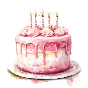 9 Clipart de gâteau d'anniversaire rose, Clipart de gâteau, clipart aquarelle imprimable, fichiers JPG de haute qualité, téléchargement numérique, créations en papier, journaux indésirables