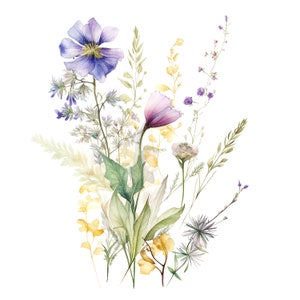 14 Wildflowers Bouquet Clipart, Wild Flowers, Printable Watercolor clipart, High Quality PNGs, Digital download, Paper craft, junk journal