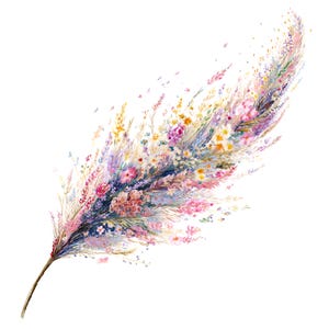 以下が含まれることがあります： 色とりどりの野花で飾られた羽の、水彩イラスト。 羽は茶色の茎を持ち、ピンク、紫、黄色、青の花で飾られており、白い背景に風変わりで芸術的なデザインを作り出しています。