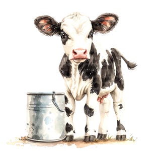 8 imágenes prediseñadas de vaca lechera, ternero, imágenes prediseñadas de leche, imágenes prediseñadas de acuarela imprimibles, archivos JPG de alta calidad, descarga digital, manualidades de papel, revistas basura
