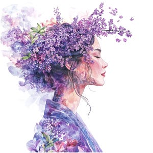 9 imágenes prediseñadas de mujer con flores, niña con corona lila, imágenes prediseñadas de acuarela imprimibles, archivos JPG de alta calidad, descarga digital, arte floral, revistas basura