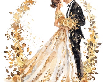 12 Imágenes prediseñadas de pareja de bodas, Dorado elegante, Invitación de boda, Imágenes prediseñadas de acuarela imprimibles, JPG de alta calidad, Descarga digital, Artesanía de papel
