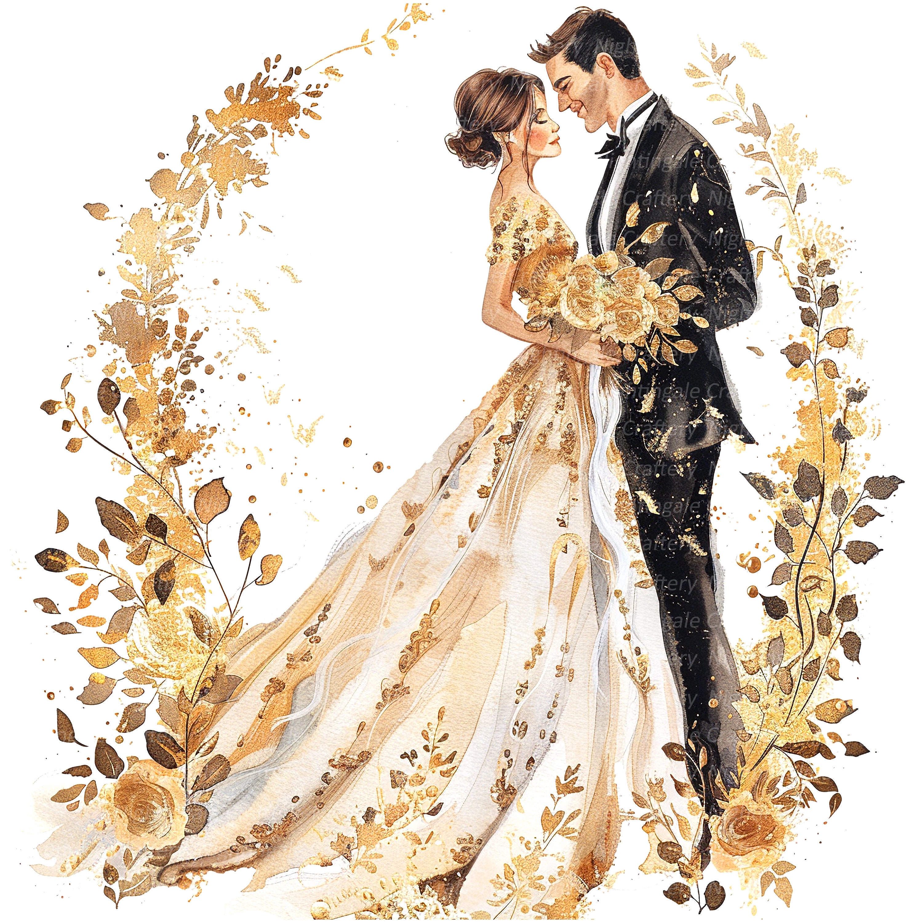 12 bruiloft paar clipart, gouden elegant, huwelijksuitnodiging, afdrukbare aquarel clipart, hoge kwaliteit JPG, digitale download, Paper Craft