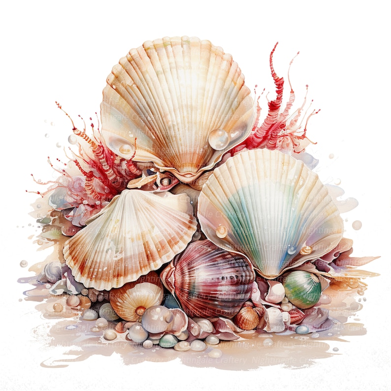 Puede incluir: Un grupo de conchas marinas, incluyendo conchas de vieira, una concha de caracol y conchas m&aacute;s peque&ntilde;as, dispuestas sobre una superficie arenosa con elementos coralinos rojos y blancos. Las conchas son de varios colores, incluyendo blanco, beige, rosa y marr&oacute;n.