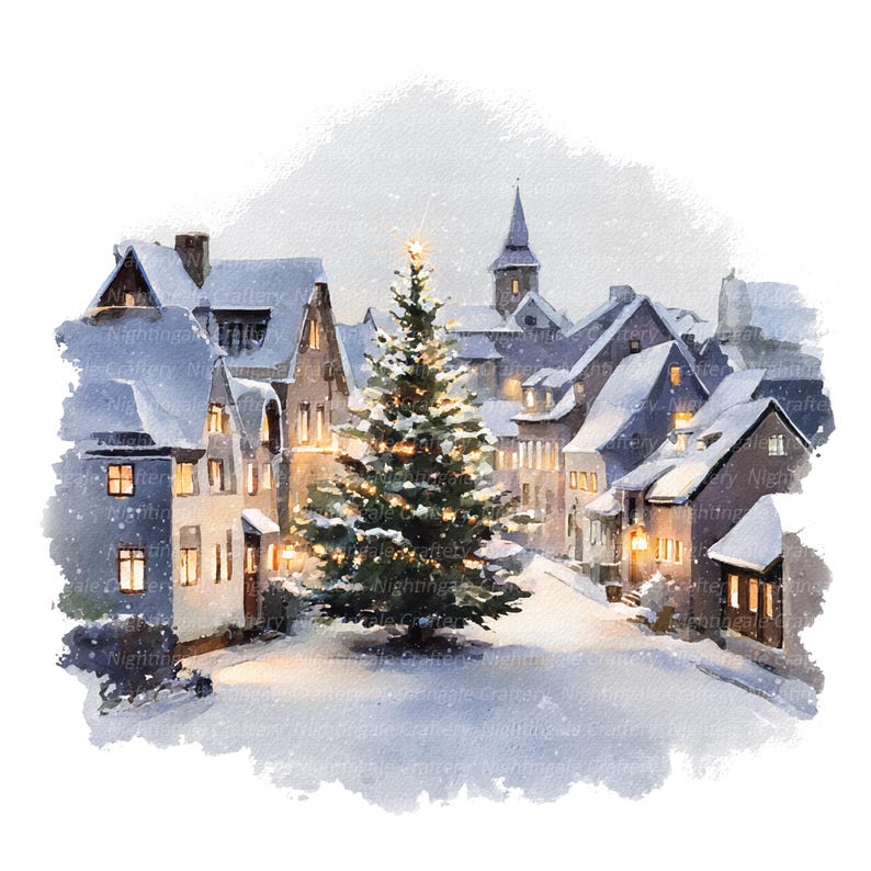 Christmas Village Watercolor Clipart: Holiday Card Art (digital ...