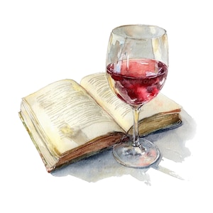May include: Watercolor painting of a wine glass filled with red wine, resting on a table next to an open book. The book has aged, yellowed pages. The glass is clear, and the wine is a deep red color.