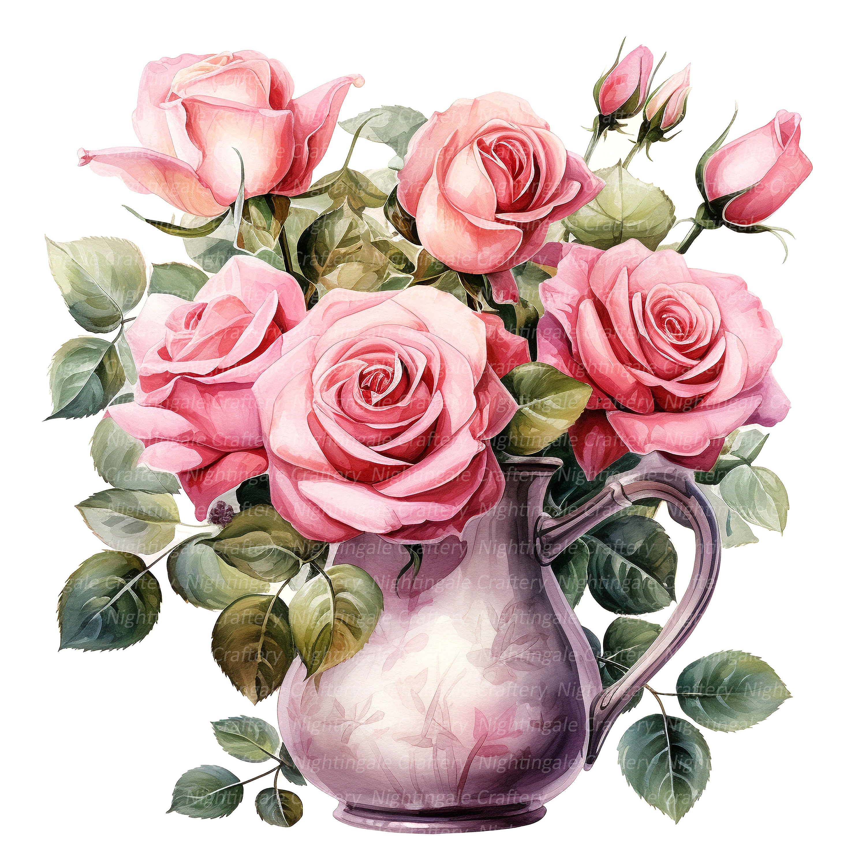 10 Pink Roses in Pot Clipart, Roses Bouquet, Printable Watercolor ...