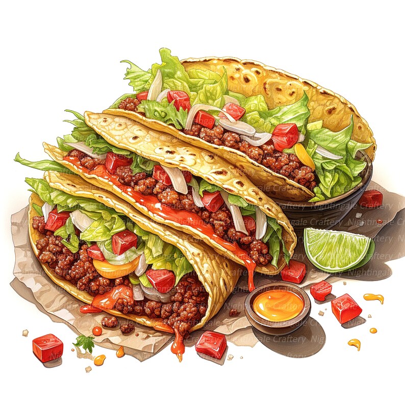 May include: A stack of three soft tacos filled with ground beef, lettuce, tomatoes, onions, and cheese. The tacos are on a brown paper surface with a lime wedge, red pepper flakes, and a small bowl of yellow sauce.