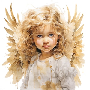 K&ouml;nnte beinhalten: Ein Aquarellbild eines jungen M&auml;dchens mit blonden Haaren und blauen Augen. Sie tr&auml;gt ein wei&szlig;es Kleid und hat Engelsfl&uuml;gel hinter sich. Die Fl&uuml;gel sind in Gold- und Braunt&ouml;nen gemalt.