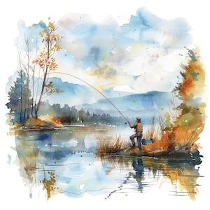 14 imágenes prediseñadas de hombre pescando, paisaje de pesca en el lago, imágenes prediseñadas de acuarela imprimibles, PNG de alta calidad, descarga digital, manualidades de papel, diario basura