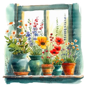 Puede incluir: Una pintura de acuarela de un alféizar de ventana con cinco plantas en macetas. Las plantas están en macetas de varios tonos de verde, marrón y azul. Las plantas están floreciendo con flores blancas, amarillas, rojas y azules. La ventana está abierta y hay una vista de un día soleado afuera.