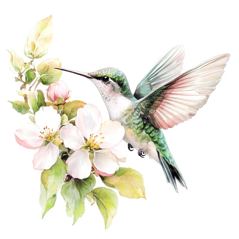 May include: A watercolor painting of a hummingbird in flight, with green and blue feathers, hovering near a branch of white apple blossoms.