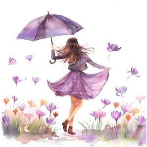10 Clipart di donna con ombrello, fiori primaverili, clipart di acquerello stampabili, PNG di alta qualità, download digitale, artigianato di carta, diario spazzatura