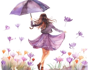 10 Kobieta z parasolem Clipart, Wiosenne kwiaty, Wydrukowalne akwarelowe clipart, Wysokiej jakości pliki PNG, Pobieranie cyfrowe, Rękodzieło papierowe, dziennik śmieci