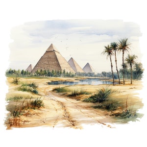Puede incluir: Pintura a la acuarela de las pirámides de Giza en Egipto. La obra representa las pirámides a lo lejos, palmeras, una pequeña masa de agua y un camino de tierra en primer plano. La paleta de colores incluye tonos de beige, verde y azul.
