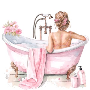 12 Clipart donna in bagno, bagno shabby chic, clipart acquerello stampabile, JPG di alta qualità, download digitale, artigianato con la carta, diario spazzatura