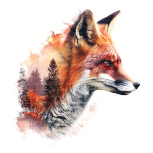 Pu&ograve; includere: Un'immagine a doppia esposizione che mostra una volpe rossa con un petto bianco e un naso nero, su uno sfondo di scena di foresta. La testa della volpe &egrave; girata di lato e i suoi occhi sono chiusi. La scena della foresta &egrave; sullo sfondo ed &egrave; composta da alberi e foglie. L'immagine &egrave; in una tavolozza di colori caldi, con sfumature di rosso, arancione e giallo.