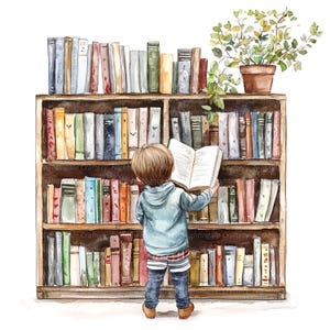 May include: A watercolor illustration of a child standing in front of a wooden bookshelf filled with books. The child is wearing a blue sweater and is holding an open book in their right hand. The bookshelf has five shelves and is filled with books of various sizes and colors.