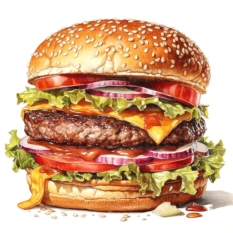 Op de afbeelding: Een sappige cheeseburger met sla, tomaat, ui en een sesamzaadjesbroodje. De burger is bedekt met ketchup en mosterd en heeft een royale hoeveelheid gesmolten kaas.
