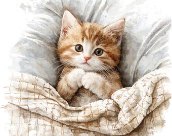 水彩画の怠け猫のクリップアート：窓辺で眠る猫（デジタルダウンロード