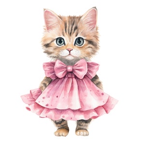 Mignon chaton en robe rose Clipart, clipart aquarelle imprimable, 10 fichiers JPG de haute qualité, téléchargement numérique, créations en papier, journaux indésirables