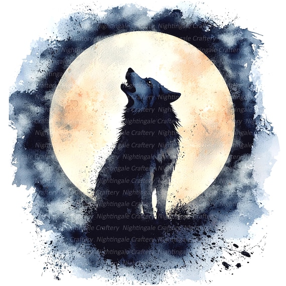 月明かりの中の狼のクリップアート 10 枚、狼の横顔、印刷可能な水彩画