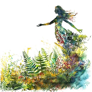 8 Clipart femme florale, fougère, clipart aquarelle imprimable, fichiers JPG de haute qualité, téléchargement numérique, créations en papier, journaux indésirables