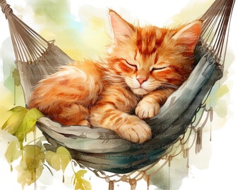 momorin原画 水彩画 ハンモックで眠る猫と小鳥 値段は※900円です 眠っている猫のクリップアート12点、ハンモックの猫、印刷可能な水彩