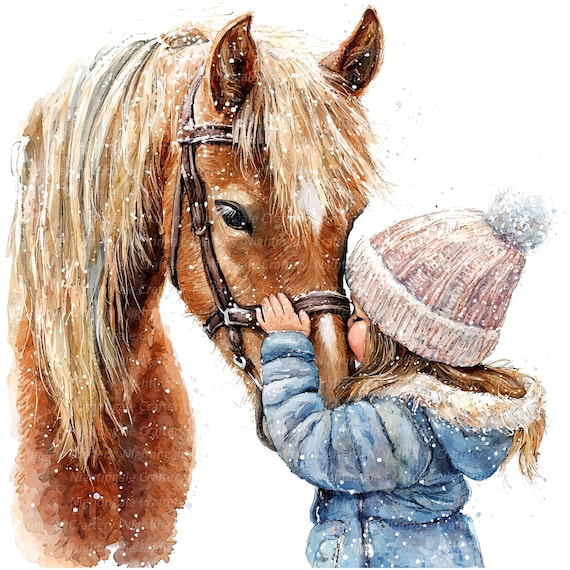 10 個の子供と馬のクリップアート、冬の馬、印刷可能な水彩画の