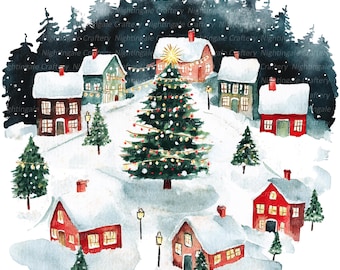 May include: Watercolor illustration of a snowy Christmas village. Red and green houses with snow-covered roofs are scattered around a decorated Christmas tree. The scene is set against a backdrop of dark trees and falling snow.
