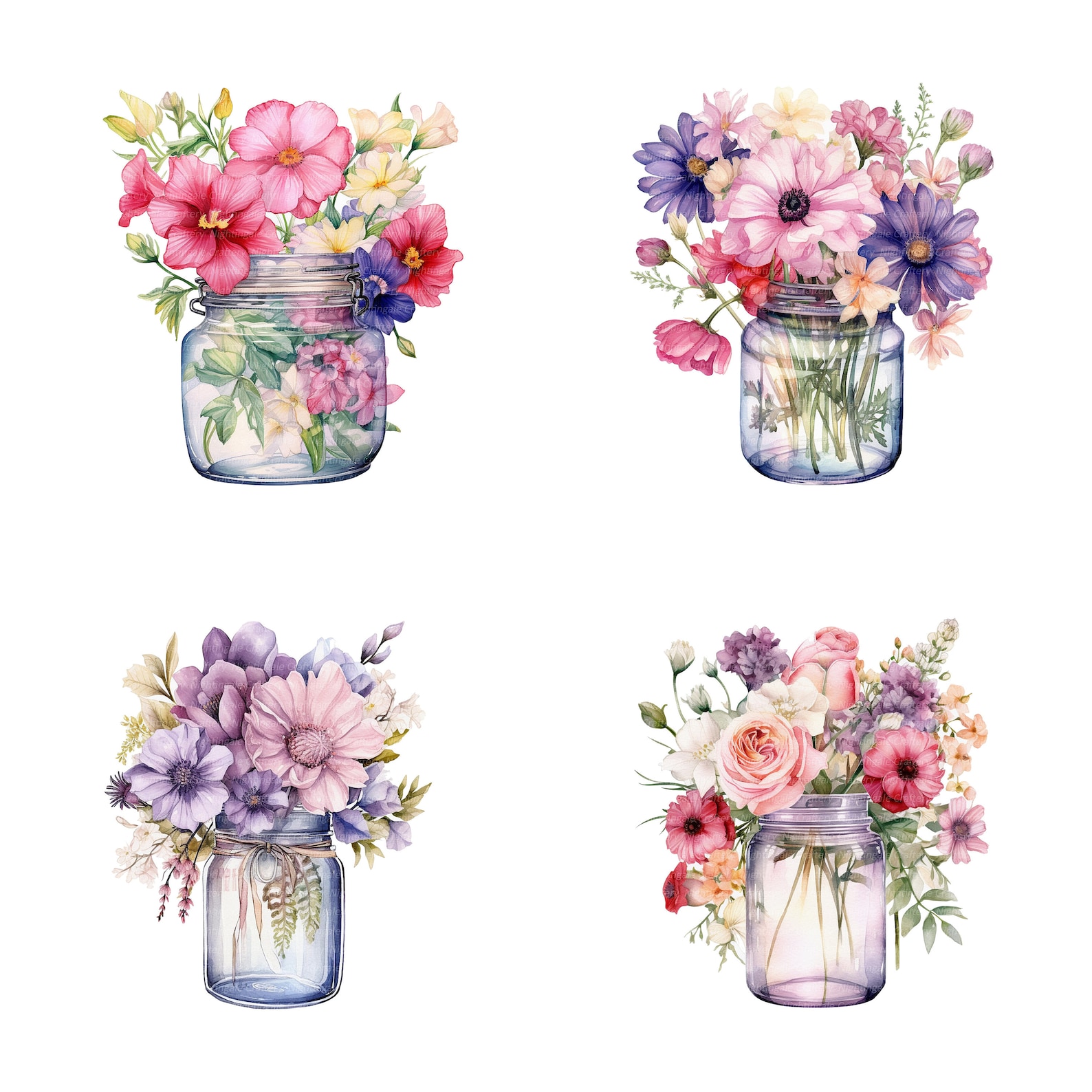 16 Flowers in Jar Clipart, Wild Flowers Clipart, Printable Watercolor ...