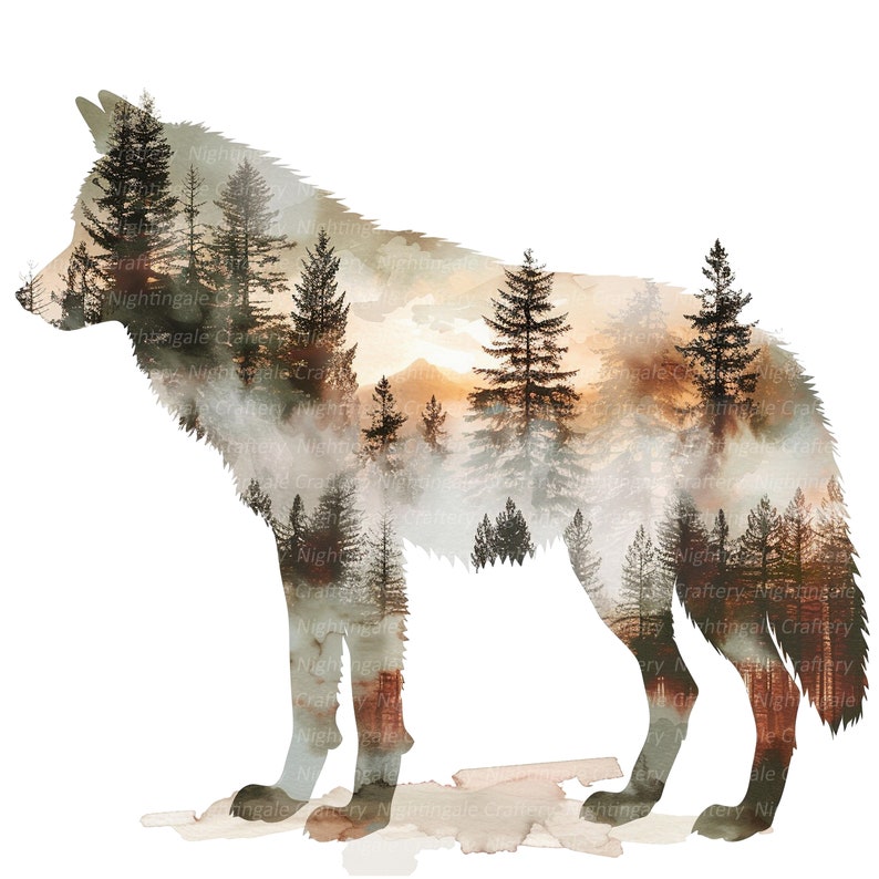 May include: A watercolor illustration of a wolf silhouette filled with a forest scene. The artwork features a sunset with tall pine trees and a misty atmosphere, in shades of brown, orange, and white.