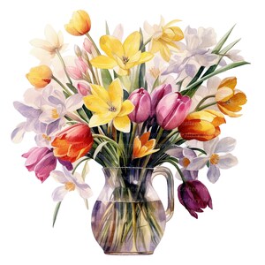 10 Spring Flowers in Vase Clipart, Tulips, Printable Watercolor Clipart ...
