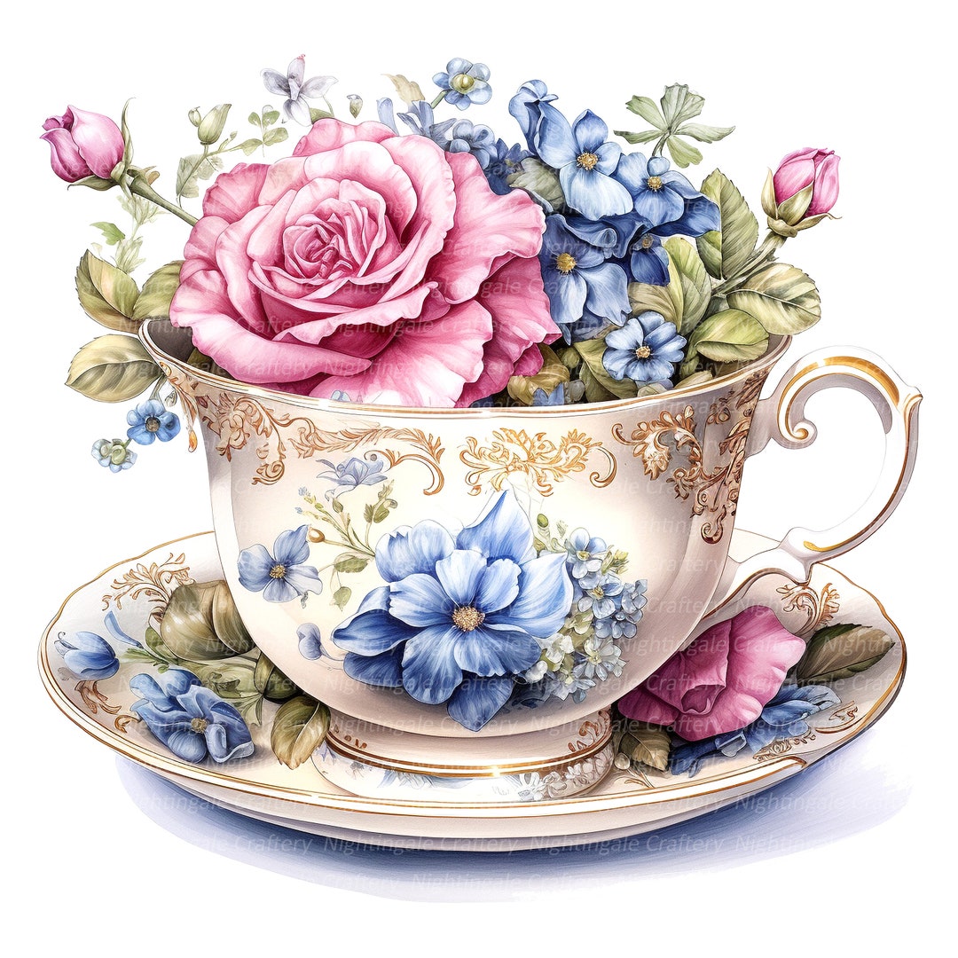 14 Floral Tea Cup Clipart, Floral Tea Set, Printable Watercolor Clipart