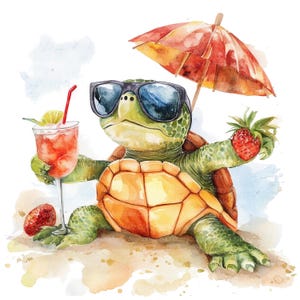 11 Schildkröte im Urlaub Clipart, Strand Clipart, druckbare Aquarell Clipart, hochwertige PNGs, digitaler Download, Papiermodell, Junk Journals