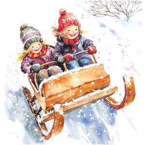 12 kinderen in slee clipart, kerst clipart, afdrukbare aquarel clipart, hoge kwaliteit jpg's, digitale download, Paper Craft, junk journal