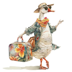 Può includere: Illustrazione ad acquerello di un'oca vestita da turista, con occhiali da sole, cappello e collana di fiori. L'oca porta una valigia con un disegno di fiori tropicali e uno zaino marrone. L'oca cammina e saluta.