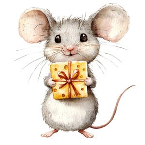 8 cliparts souris et cadeau, carte d'anniversaire, clipart aquarelle imprimable, fichiers JPG de haute qualité, téléchargement numérique, créations en papier, journaux indésirables