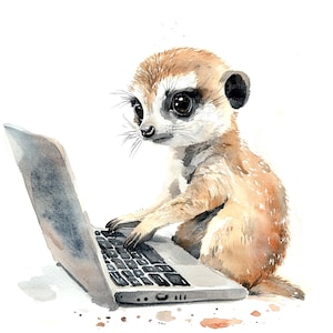 May include: Watercolor illustration of a meerkat sitting and typing on a laptop. The meerkat has brown and tan fur with large, dark eyes. The laptop is silver and open, with a black keyboard. The background is white.